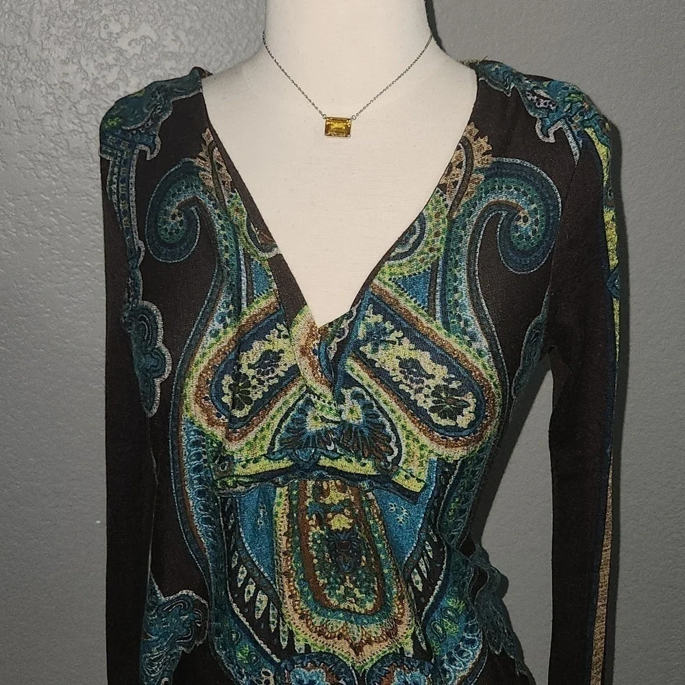 Snap- Empire Style- Long Sleeve -Paisley Brown, Blue & Green Dress- Medium